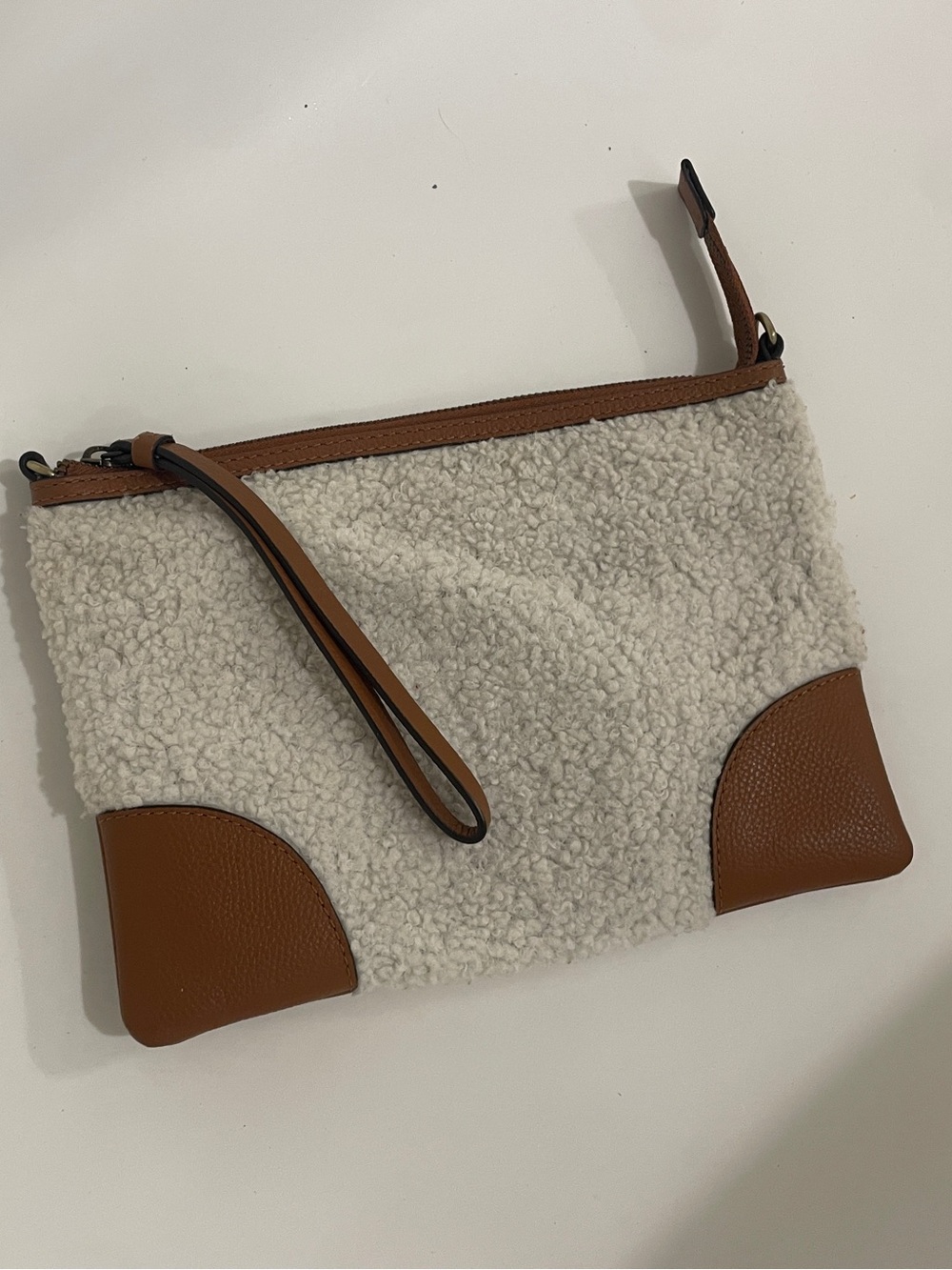 J. Jill Sherpa Fleece & Leather Wristlet Pouch with Detachable Crossbody Strap